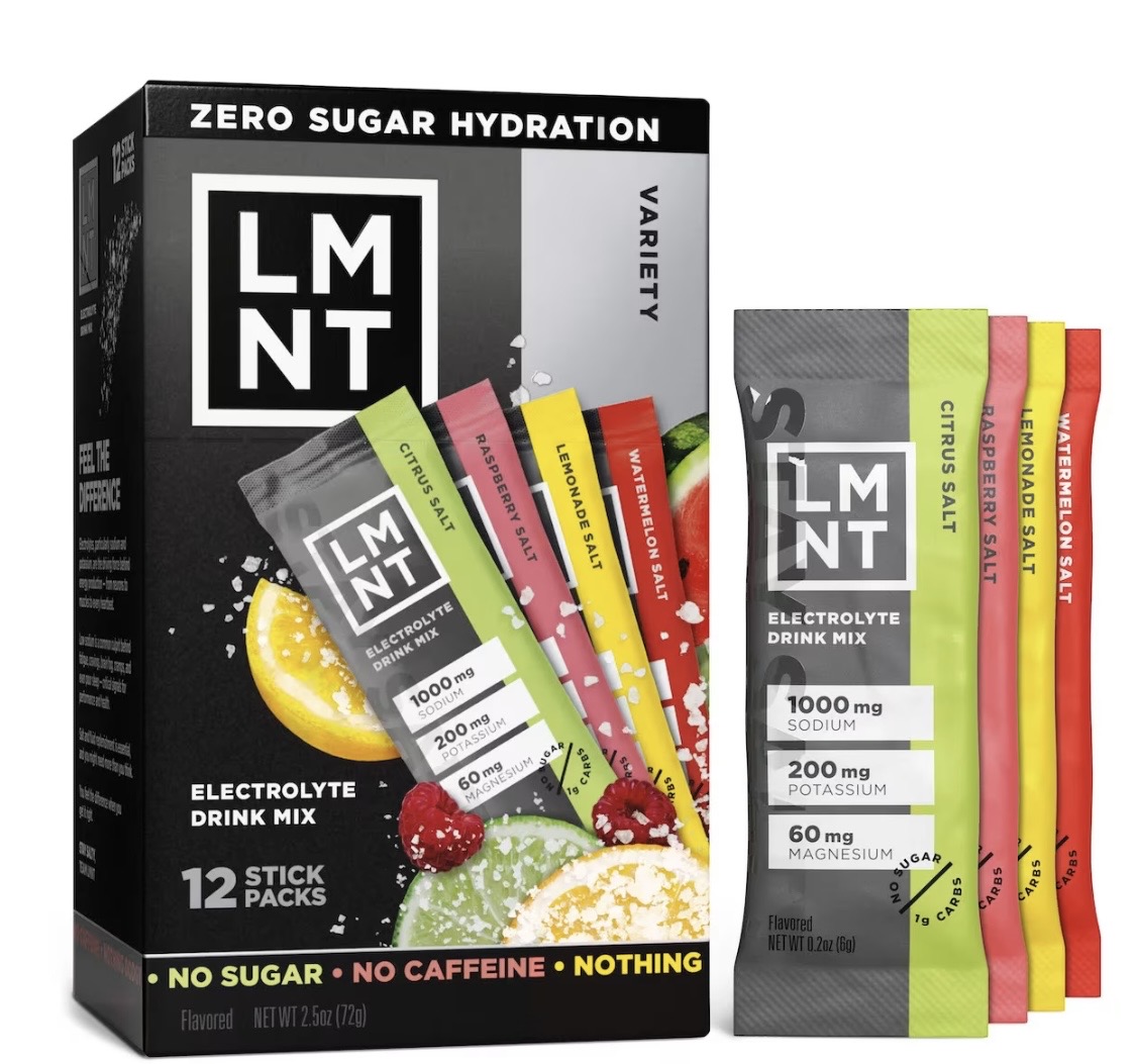 LMNT electrolyte variety pack box with stick packs